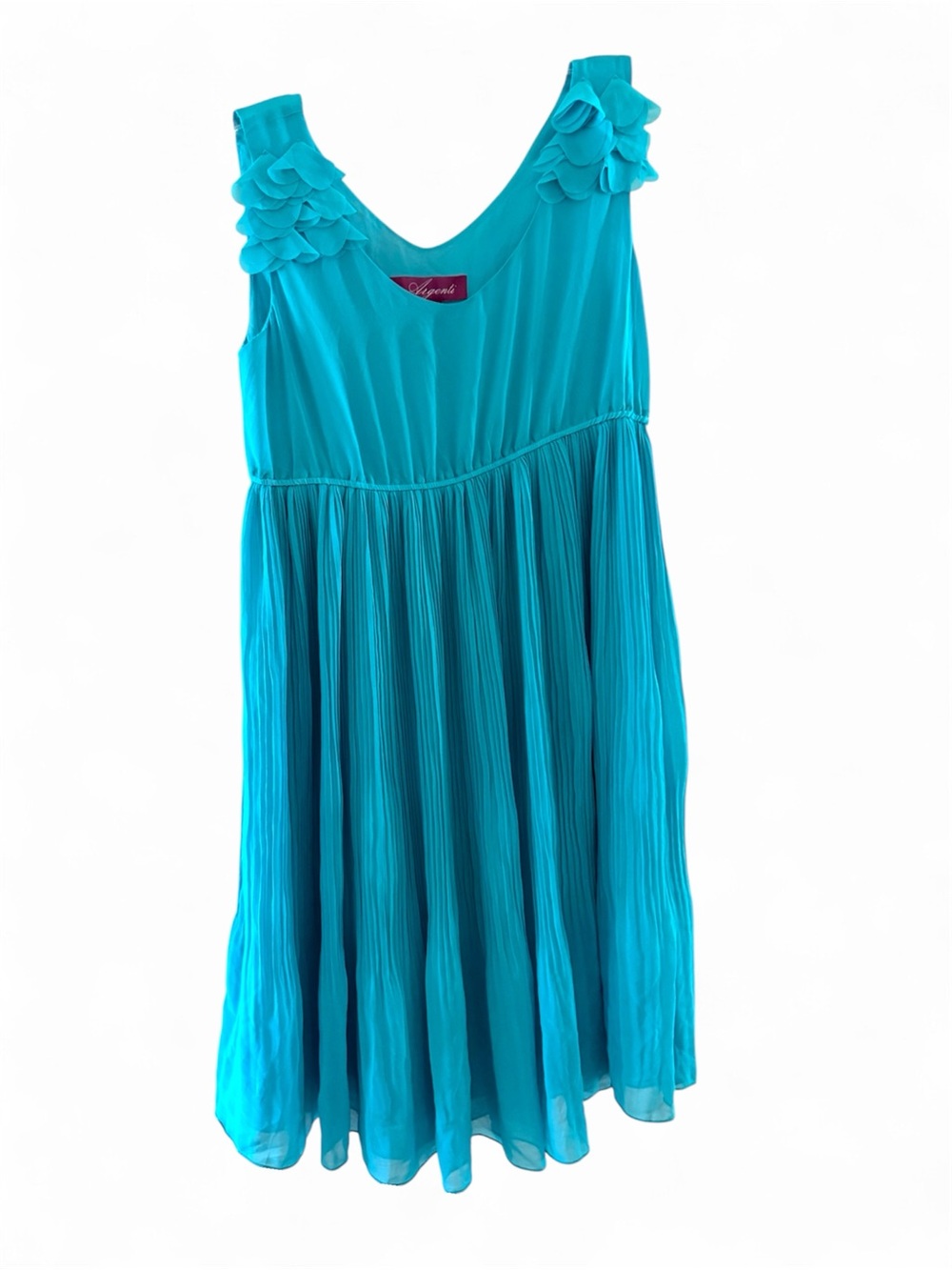 Girls' Turquoise Pleated Formal Dress with Ruffle Straps